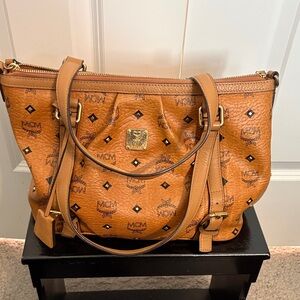 MCM Tan Leather Tote with Logo Pattern
